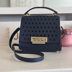 Zac Posen Eartha Mini Crossbody – Navy Blue Leather Gold Hardware Floral Eyelet